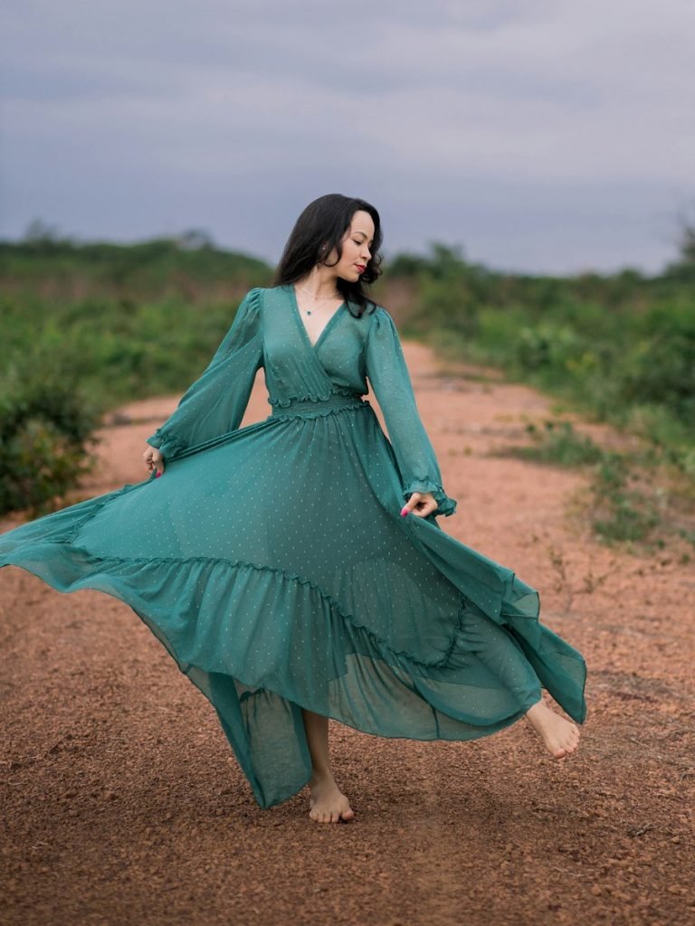 Model in a floral maxi dress